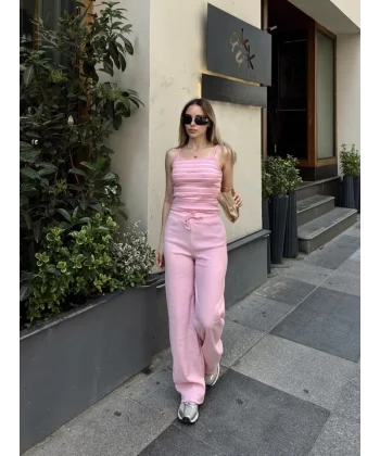 Kadın Kaşkorse Kumaş Askılı çizgili Takım