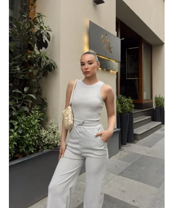 Kadın Kaşkorse Kumaş Atlet Ve Yüksek Bel Bol Paça Pantolon Ikili Takım