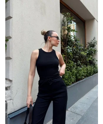 Kadın Kaşkorse Kumaş Atlet Ve Yüksek Bel Bol Paça Pantolon Ikili Takım