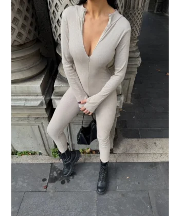 Kadın Kaşkorse Kumaş Fermuar Detaylı Tulum