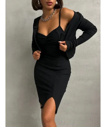 Kadın Kaşkorse Kumaş Hırka Ve Yırtmaç Detaylı Elbise Ikili Takım