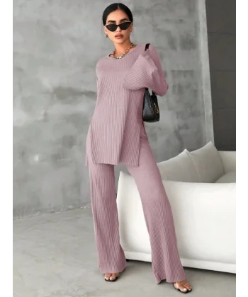 Kadın Kaşkorse Kumaş Kol Ve Etek Yırtmaç Detaylı Bluz , Ispanol Paça Pantolon Ikili Takım