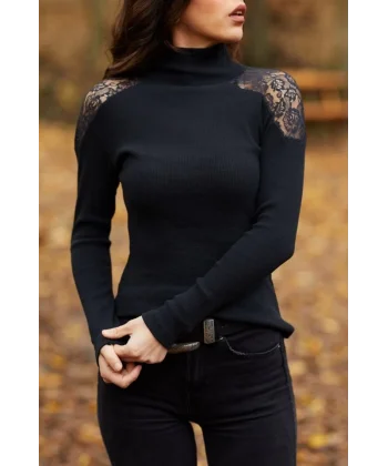 Kadın Kaşkorse Kumaş Tül Detaylı Uzun Kollu Bluz