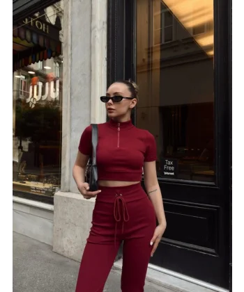 Kadın Kaşkorse Kumaş Yakası Fermuar Detaylı Tayt Takım