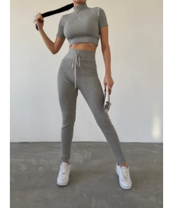 Kadın Kaşkorse Kumaş Yakası Fermuar Detaylı Tayt Takım