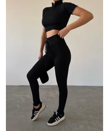 Kadın Kaşkorse Kumaş Yakası Fermuar Detaylı Tayt Takım