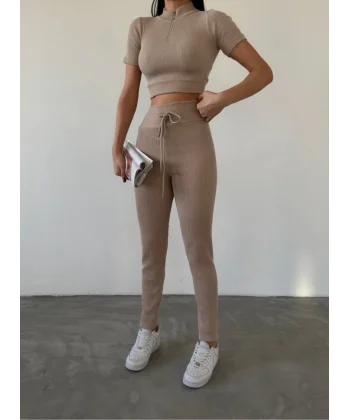 Kadın Kaşkorse Kumaş Yakası Fermuar Detaylı Tayt Takım