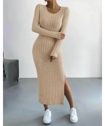 Kadın Kaşkorse Kumaş Yırtmaç Detaylı Uzun Kollu Elbise