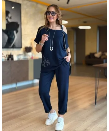 Kadın Kayık Yaka Baskı Detay Salaş Bluz Ve Yüksek Bel Pantolon Ikili Takım