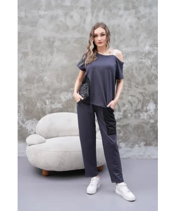 Kadın Kayık Yaka Baskı Detay Salaş Bluz Ve Yüksek Bel Pantolon Ikili Takım