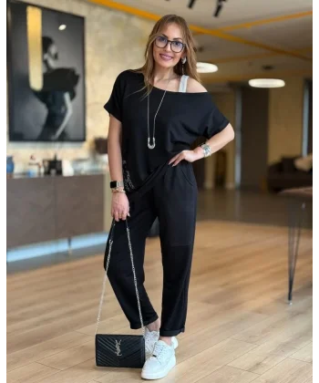 Kadın Kayık Yaka Baskı Detay Salaş Bluz Ve Yüksek Bel Pantolon Ikili Takım