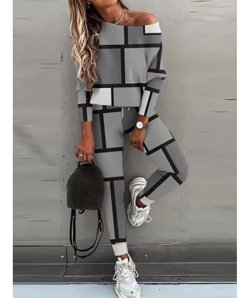 Kadın Kayık Yaka Kare Desenli alaş Bluz Ve Yüksek Bel Pantolon