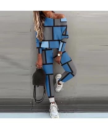 Kadın Kayık Yaka Kare Desenli alaş Bluz Ve Yüksek Bel Pantolon