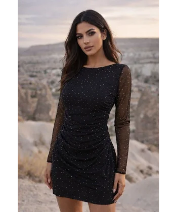 Kadın Kayık Yaka Kolları Transparan Içi Astarlı Full Taş Detay Mini Elbise