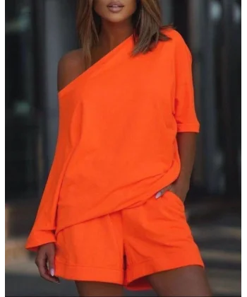 Kadın Kayık Yaka Salaş Iki Iplik Bluz Ve şort Ikili Takım
