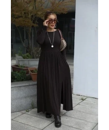 Kadın Kayık Yaka Sırt Dekoltesi Ve Yırtmaç Detay Maxi Boy Elbise