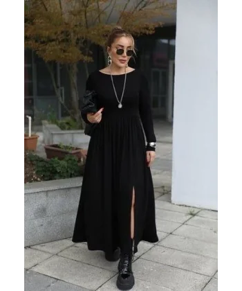 Kadın Kayık Yaka Sırt Dekoltesi Ve Yırtmaç Detay Maxi Boy Elbise