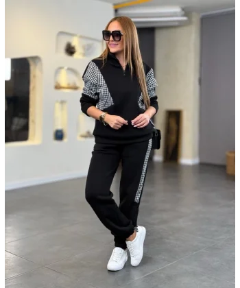 Kadın Kaz Ayağı Ve Fermuar Detay Boğazlı Kazak Ve Yanı şerit Detay Pantolon Ikili Takım