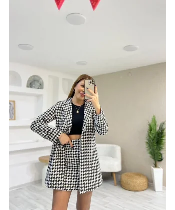 Kadın Kazayağı Desen Vatka Detay Kaban Ve Yüksek Bel Etek Ikili Takım