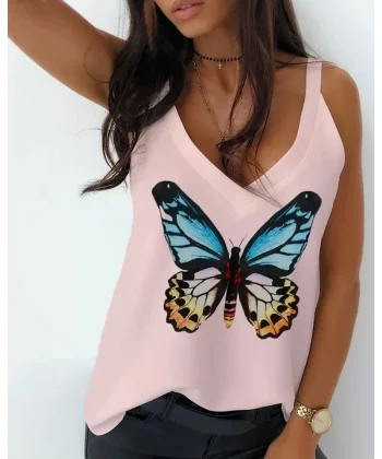 Kadın Kelebek Baskılı Sandy Kumaş Askılı Bluz