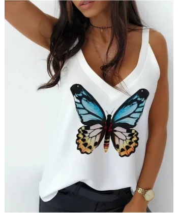 Kadın Kelebek Baskılı Sandy Kumaş Askılı Bluz