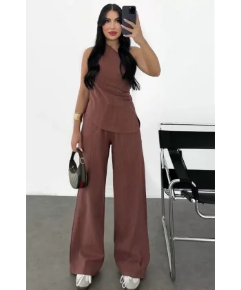 Kadın Keten Asimetrik Tek Omuzlu Bluz Pantalon Takım- Bordo