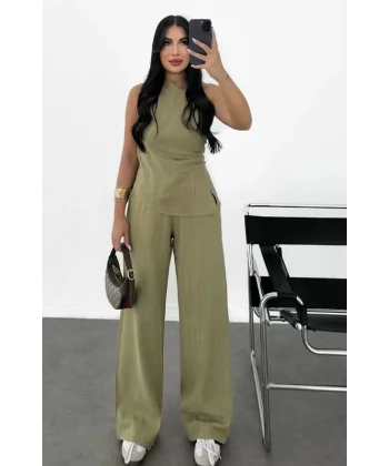 Kadın Keten Asimetrik Tek Omuzlu Bluz Pantalon Takım- Su Yeşili