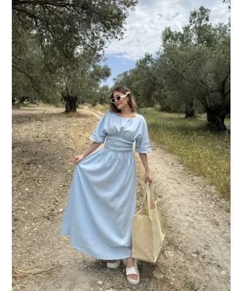 Kadın Keten Kısa Kollu uzun Elbise - Bebek Mavisi