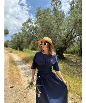 Kadın Keten Kısa Kollu uzun  Elbise - Lacivert