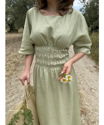 Kadın Keten Kısa Kollu uzun Elbise - Mint Yeşili