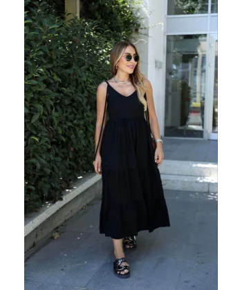 Kadın Keten Kumaş Askılı Ve Volanlı Midi Boy Elbise