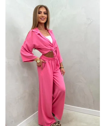 Kadın Keten Kumaş Bağlama Detaylı Gömlek Ve Yüksek Bel Pantolon Takım