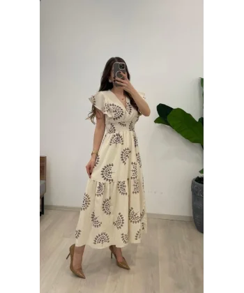 Kadın Keten Kumaş Beli Gipeli V Yaka Maxi Boy Elbise