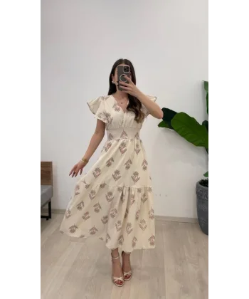 Kadın Keten Kumaş Beli Gipeli V Yaka Maxi Boy Elbise