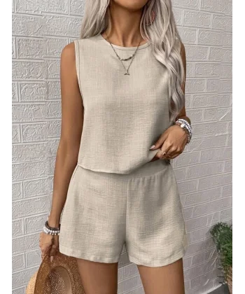 Kadın Keten Kumaş Bisiklet Yakakolsuz Bluz Ve Kısa şort Ikili Takım