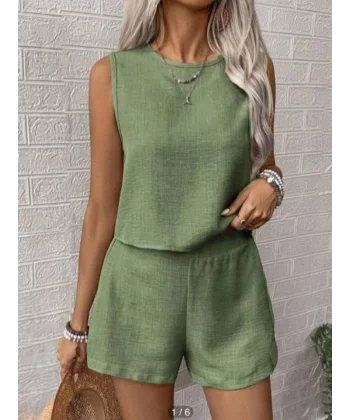 Kadın Keten Kumaş Bisiklet Yakakolsuz Bluz Ve Kısa şort Ikili Takım