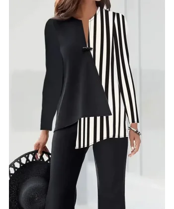 Kadın Keten Kumaş çizgi Desenli Uzun Kollu Bluz