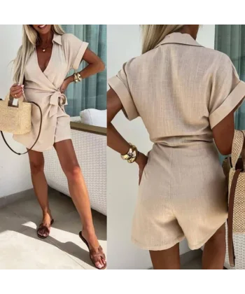 Kadın Keten Kumaş Gizli Fermuar Ve Belde Kuşak Detaylı Tulum