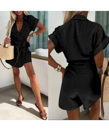 Kadın Keten Kumaş Gizli Fermuar Ve Belde Kuşak Detaylı Tulum