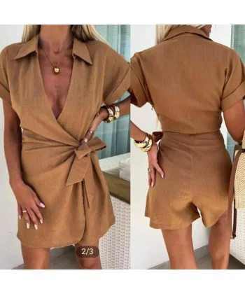 Kadın Keten Kumaş Gizli Fermuar Ve Belde Kuşak Detaylı Tulum