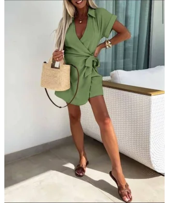 Kadın Keten Kumaş Gizli Fermuar Ve Belde Kuşak Detaylı Tulum