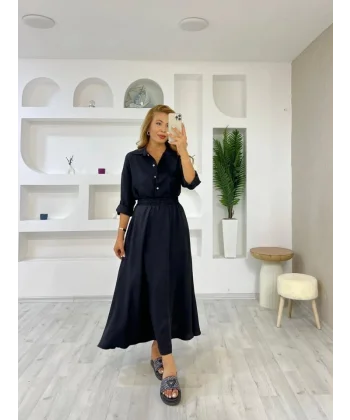 Kadın Keten Kumaş Gömlek Ve Etek Ikili Takim