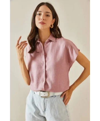 Kadın Keten Kumaş Kısa Kollu Gömlek
