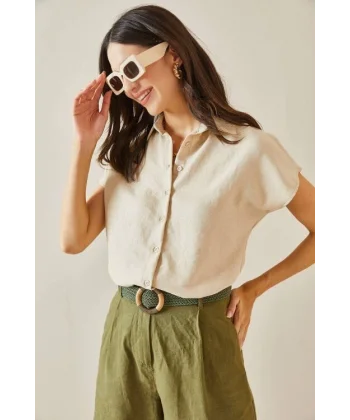 Kadın Keten Kumaş Kısa Kollu Gömlek