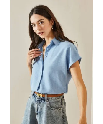 Kadın Keten Kumaş Kısa Kollu Gömlek