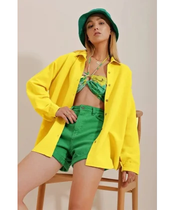 Kadın Keten Kumaş Oversize Gömlek