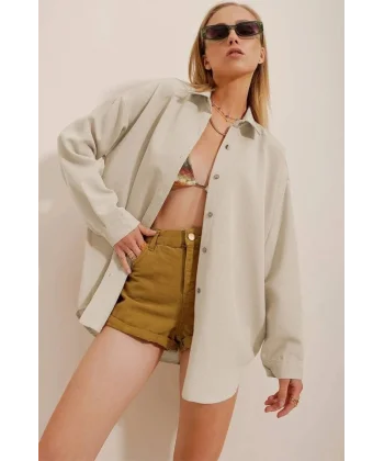 Kadın Keten Kumaş Oversize Gömlek