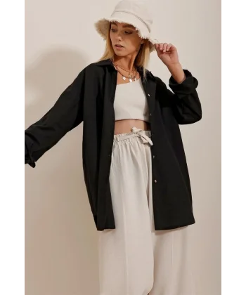 Kadın Keten Kumaş Oversize Gömlek