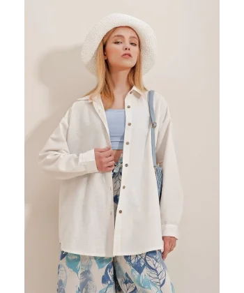 Kadın Keten Kumaş Oversize Gömlek