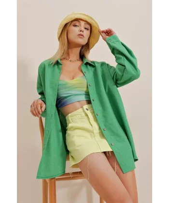 Kadın Keten Kumaş Oversize Gömlek